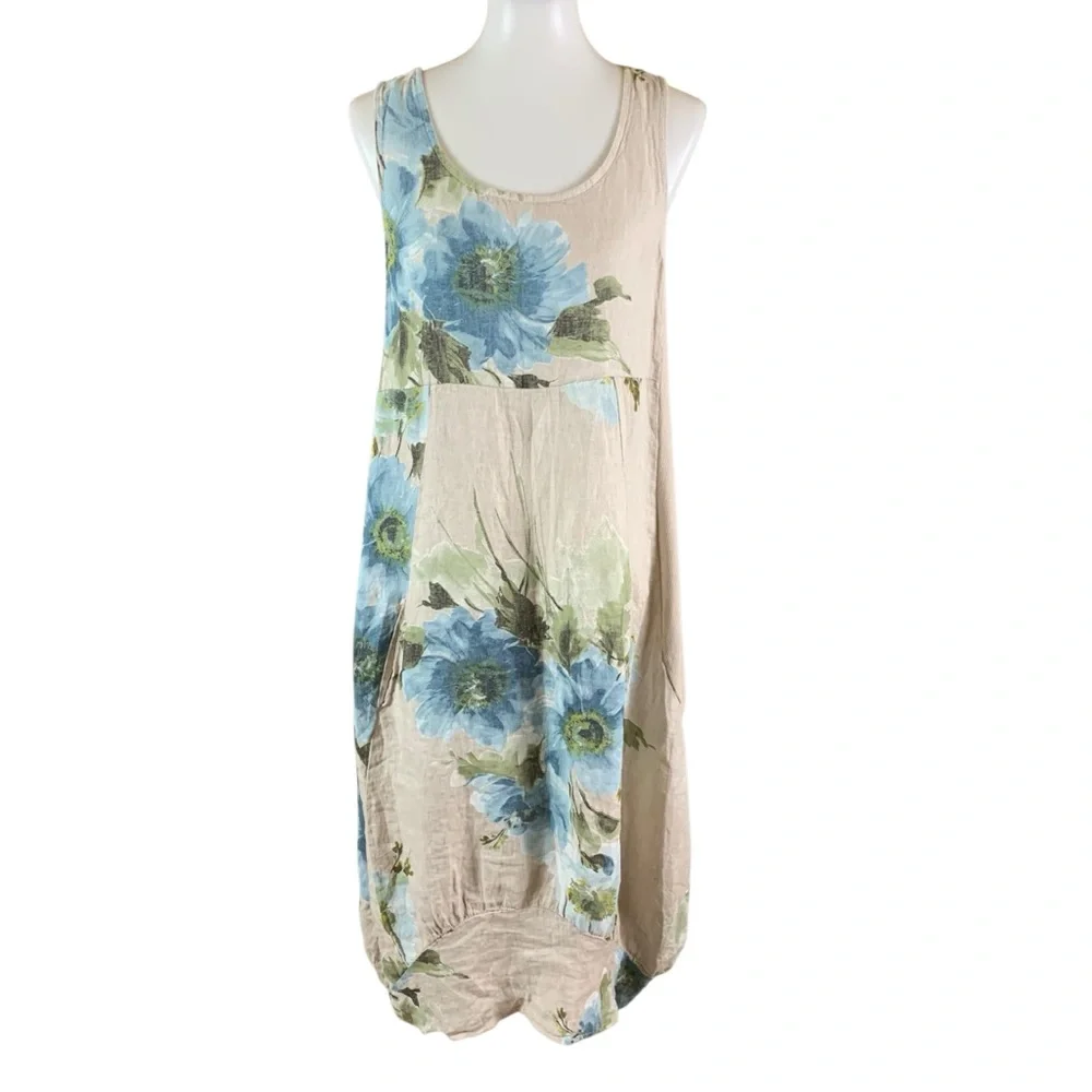 Italian Ribbed Beige Blue Floral Linen Dress Medium Artisanal Boho Resort Style